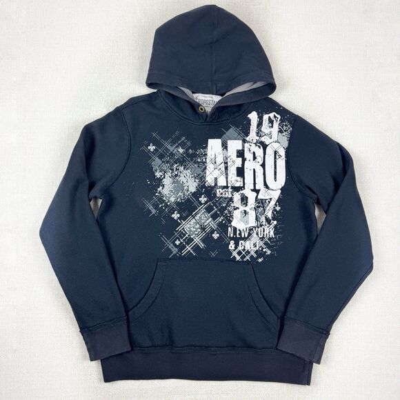 Aeropostale Hoodie Y2K Men's Medium Vintage Black Grunge Pullover Auro 1987 Logo - Picture 1 of 16